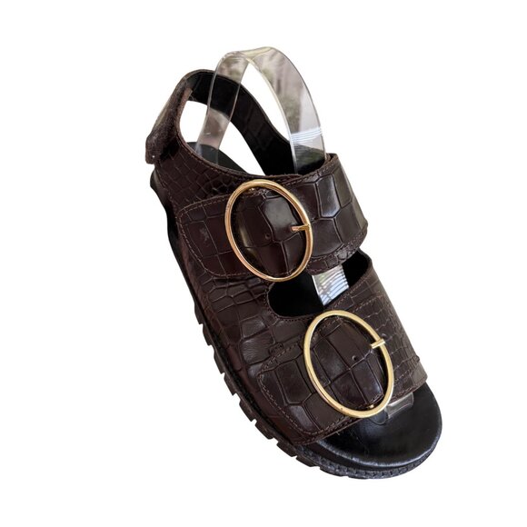 ASRA Womens Brown Croc-Embossed Chunky Sandals With Gold Buckles - Picture 9 of 15